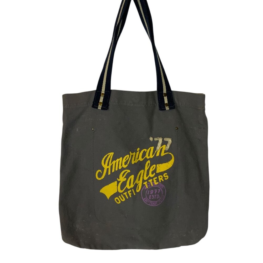 American Eagle Outfitters Canvas Tote Bag With Graphic Print & Striped Handles